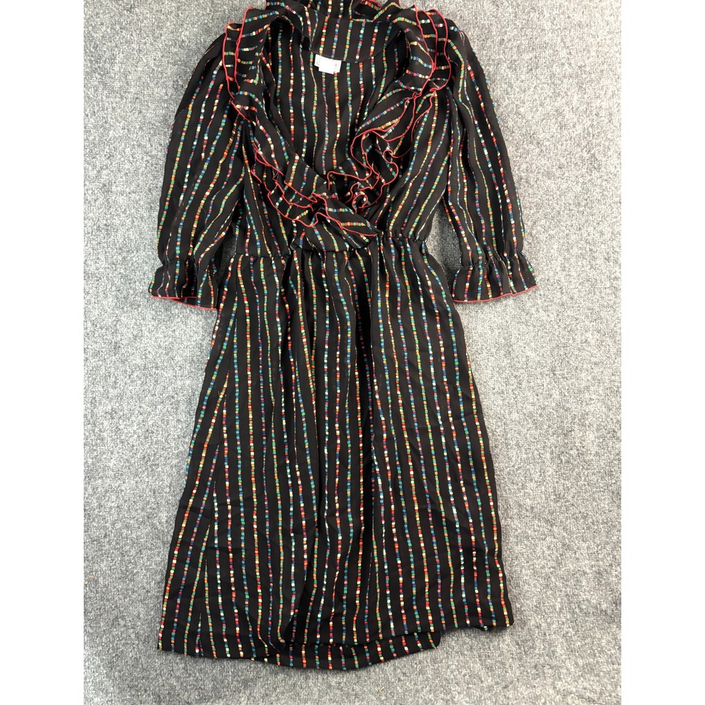 Impromptu Black Multicolor Ruffle Front Long Sleeve Midi Dress Vtg Size 15/16